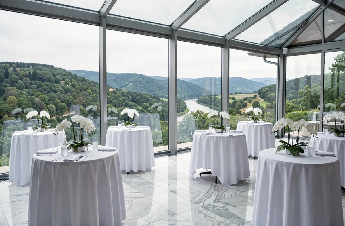 Intérieur du Pavillon Bellevue aménagé pour un mariage avec vue panoramique sur la vallée lorraine
