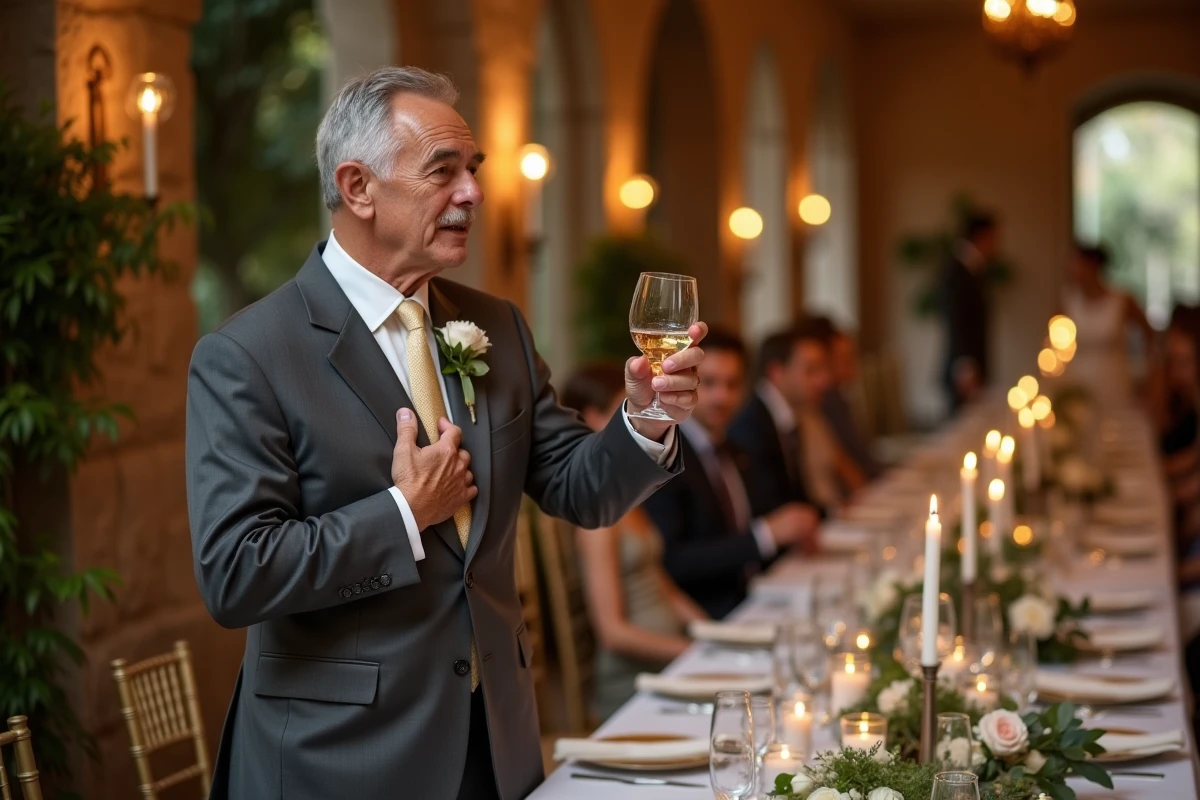 Père du marié portant un toast émouvant lors du discours de mariage, verre levé devant les mariés