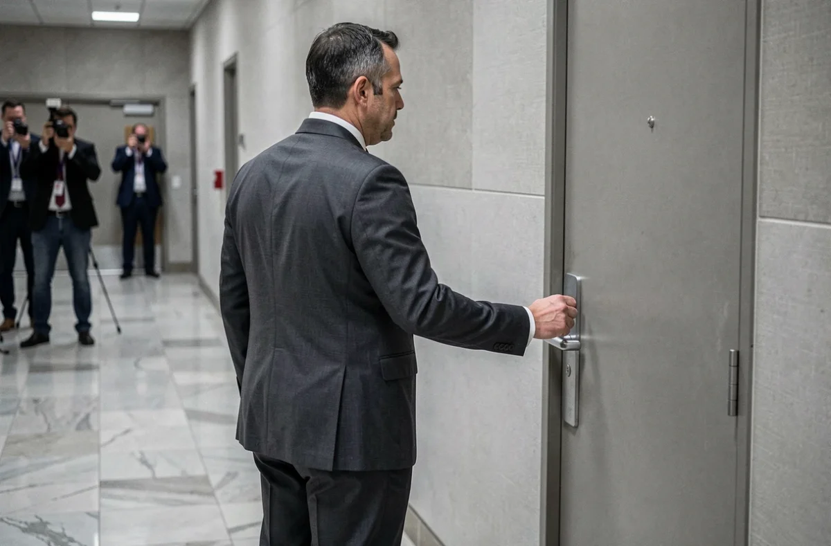 Homme en costume gris tournant le dos à la presse dans un couloir institutionnel, illustrant le choix de ne pas commenter sa vie sentimentale publiquement