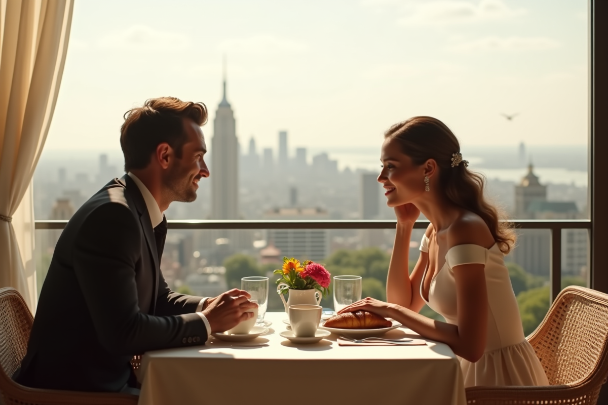 Couple élégant prenant le petit déjeuner avec vue sur la ville