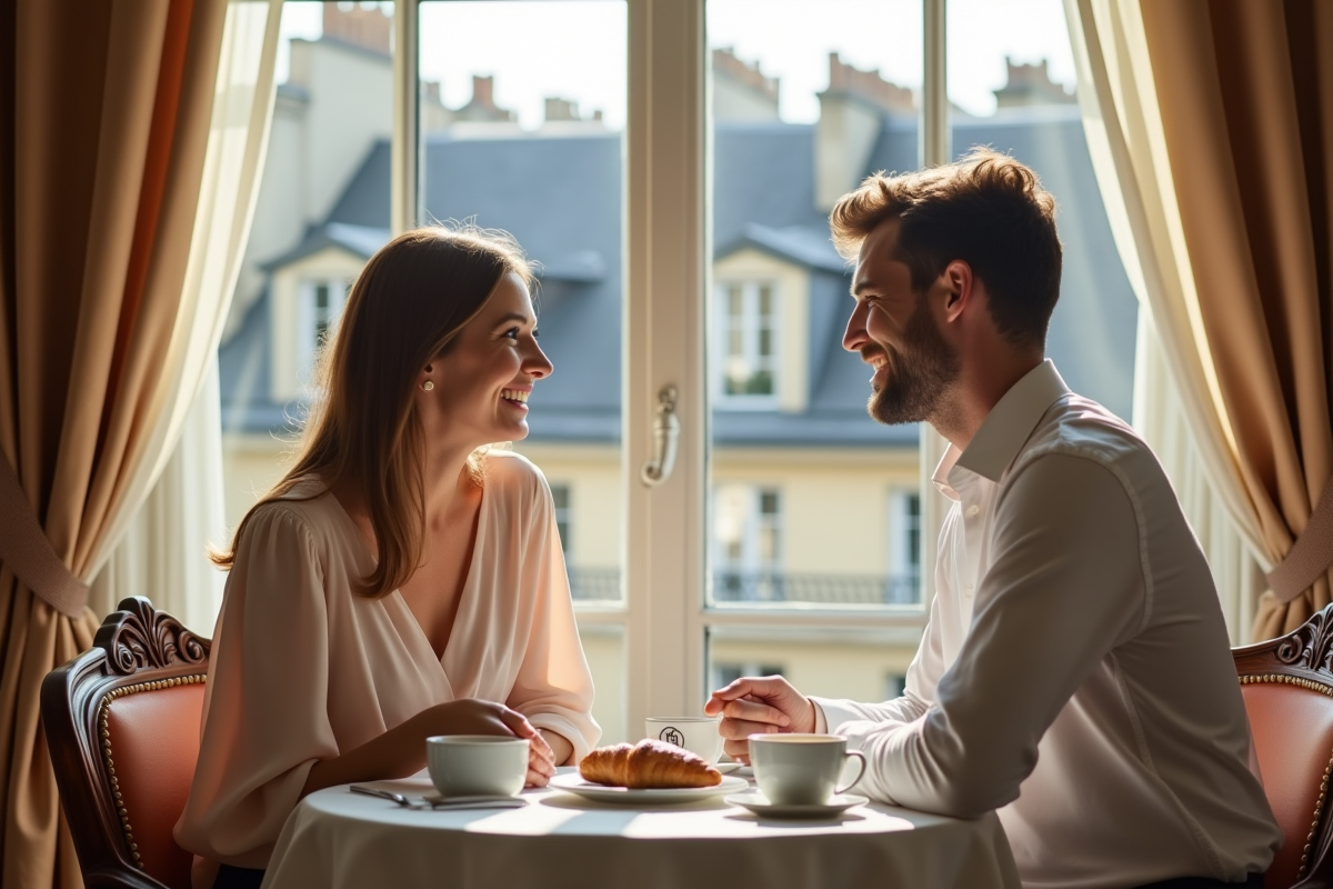 Jeune couple marié partage petit déjeuner dans une suite parisienne
