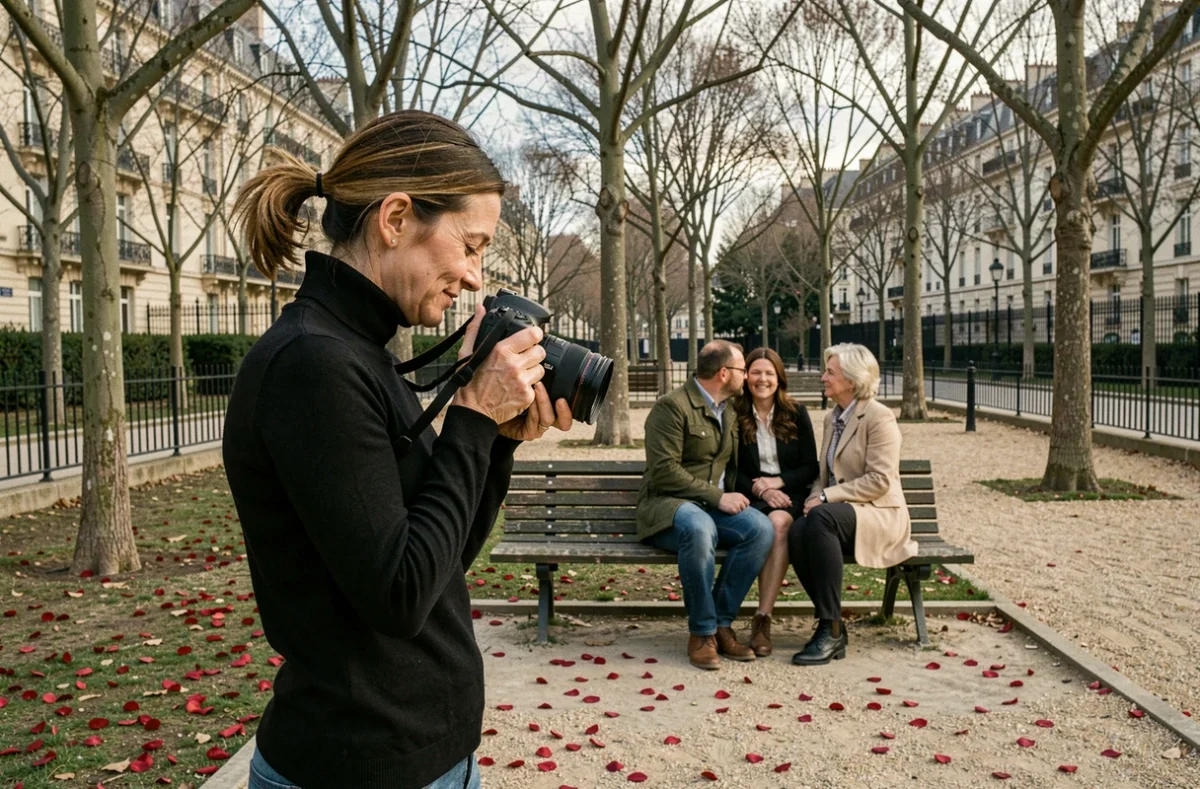 Photographe professionnelle en train de capturer un couple amoureux dans un parc parisien pour la Saint-Valentin