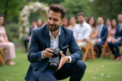 Jeune photographe de mariage en extérieur avec appareil photo
