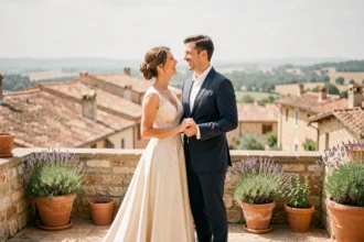 Couple de mariés tendres sur une terrasse en pierre avec vue sur les toits de Perpignan lors d'une séance photo de mariage