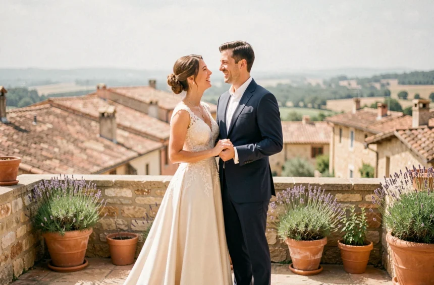 Couple de mariés tendres sur une terrasse en pierre avec vue sur les toits de Perpignan lors d'une séance photo de mariage