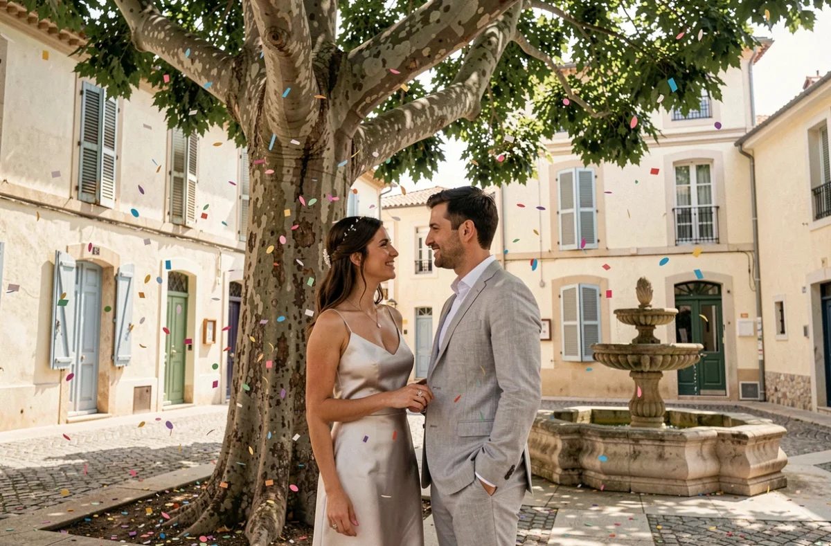 Mariés sous un platane dans une place historique de Perpignan avec confettis lors d'un reportage de mariage
