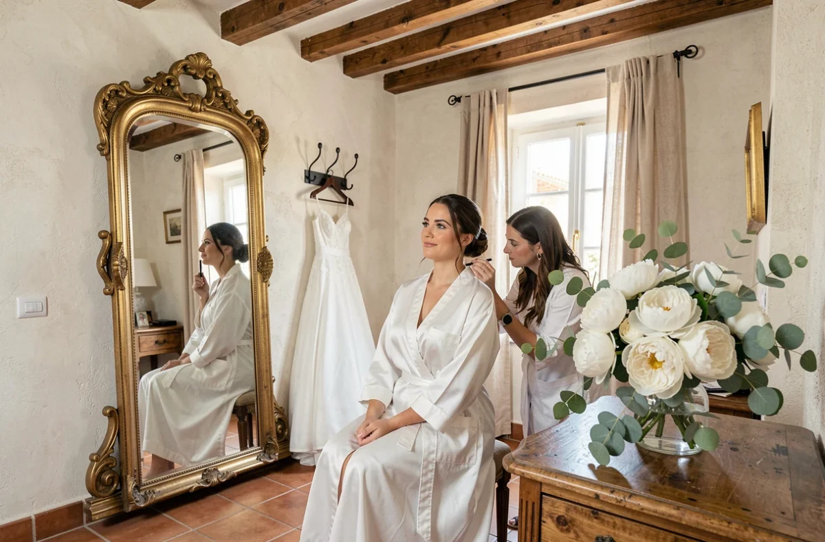 Mariée en préparation dans une chambre de style catalan à Perpignan avec reflet dans un miroir ancien et robe suspendue