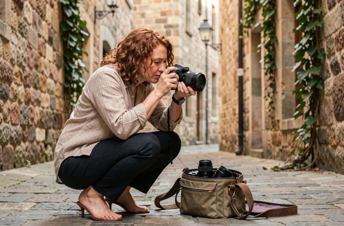 Photographe de mariage professionnelle en action dans une ruelle médiévale pavée de Perpignan avec son équipement