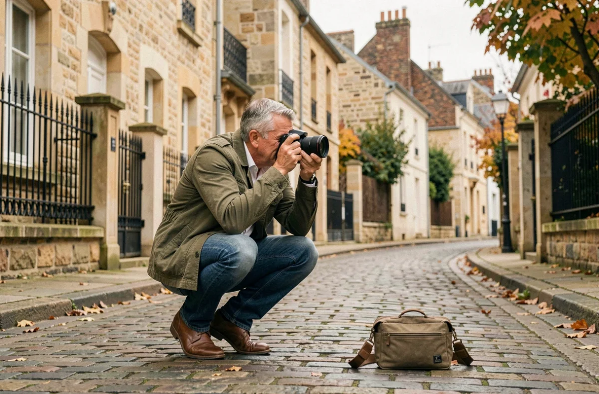 Photographe de mariage au travail dans une rue pavée de Maisons-Laffitte