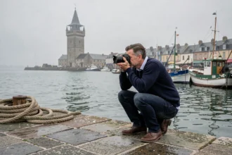 Photographe professionnel au travail sur le quai du port de Boulogne-sur-Mer avec le beffroi en arrière-plan
