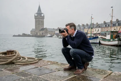 Photographe professionnel au travail sur le quai du port de Boulogne-sur-Mer avec le beffroi en arrière-plan
