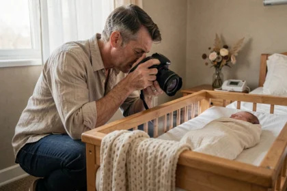 Photographe professionnel en action lors d'une séance photo de naissance en maternité, capturant un nouveau-né endormi dans un berceau en bois