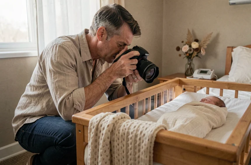 Photographe professionnel en action lors d'une séance photo de naissance en maternité, capturant un nouveau-né endormi dans un berceau en bois