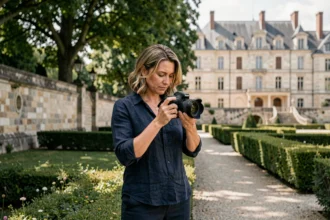 Photographe professionnelle réglant son appareil photo devant le château de Maisons-Laffitte