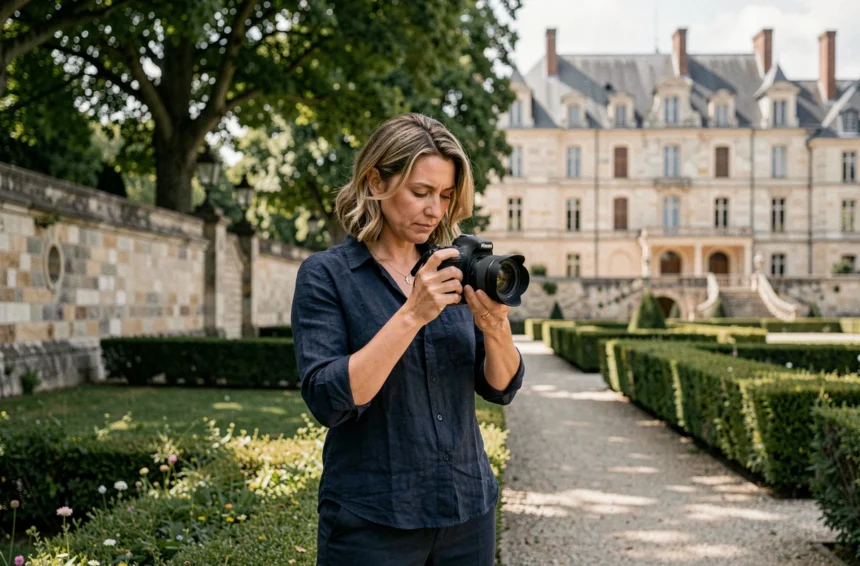 Photographe professionnelle réglant son appareil photo devant le château de Maisons-Laffitte