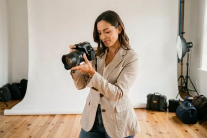 Photographe professionnelle dans son studio à Orange consultant ses photos sur son appareil photo reflex