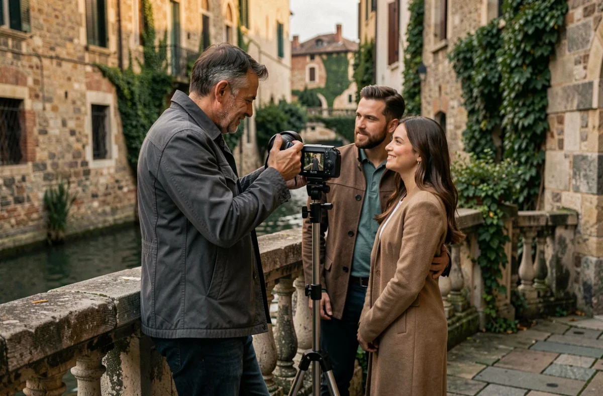 Photographe montrant les clichés à un couple sur un pont lors d'une séance photo de Saint-Valentin en extérieur