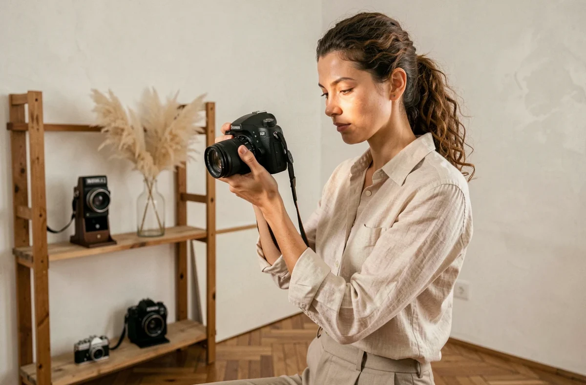 Photographe professionnelle examinant ses clichés dans un studio photo élégant à Boulogne-sur-Mer
