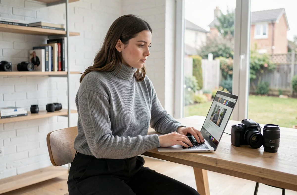 Photographe en studio à Maisons-Laffitte révisant des photos sur ordinateur