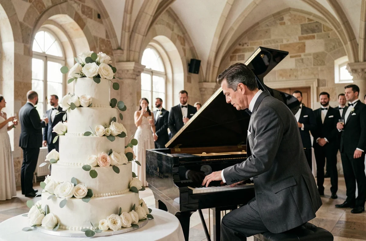 Pianiste de jazz en smoking jouant au piano à queue à côté d'un grand gâteau de mariage fleuri dans un château français