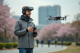 Jeune homme pilote de drone dans un parc urbain en ville