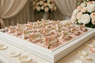 Plan de table mariage avec lunettes en forme de cœur tenant des cartons de noms enroulés, décoration élégante en rose et ivoire