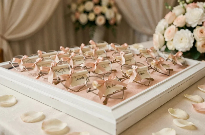 Plan de table mariage avec lunettes en forme de cœur tenant des cartons de noms enroulés, décoration élégante en rose et ivoire