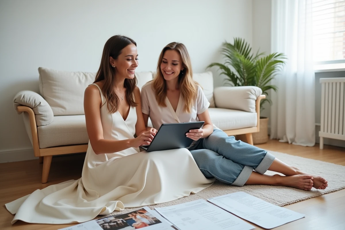 Future mariée et son amie comparant des robes de mariée abordables sur une tablette entourées de magazines et de fiches budget dans un appartement
