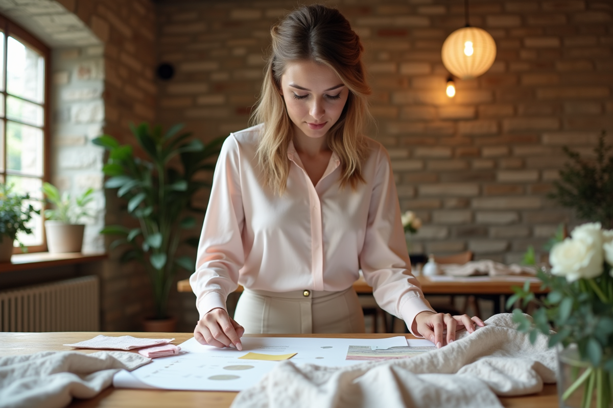 Femme planifiant mariage avec mood board et tissus