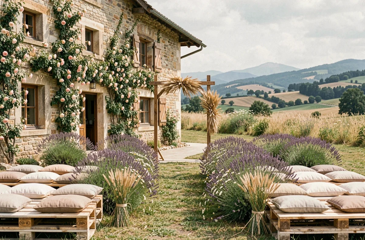 Cérémonie de mariage rustique en Isère devant une ferme en pierre couverte de roses grimpantes avec une allée en fleurs sauvages et une arche en bois décorée de lavande