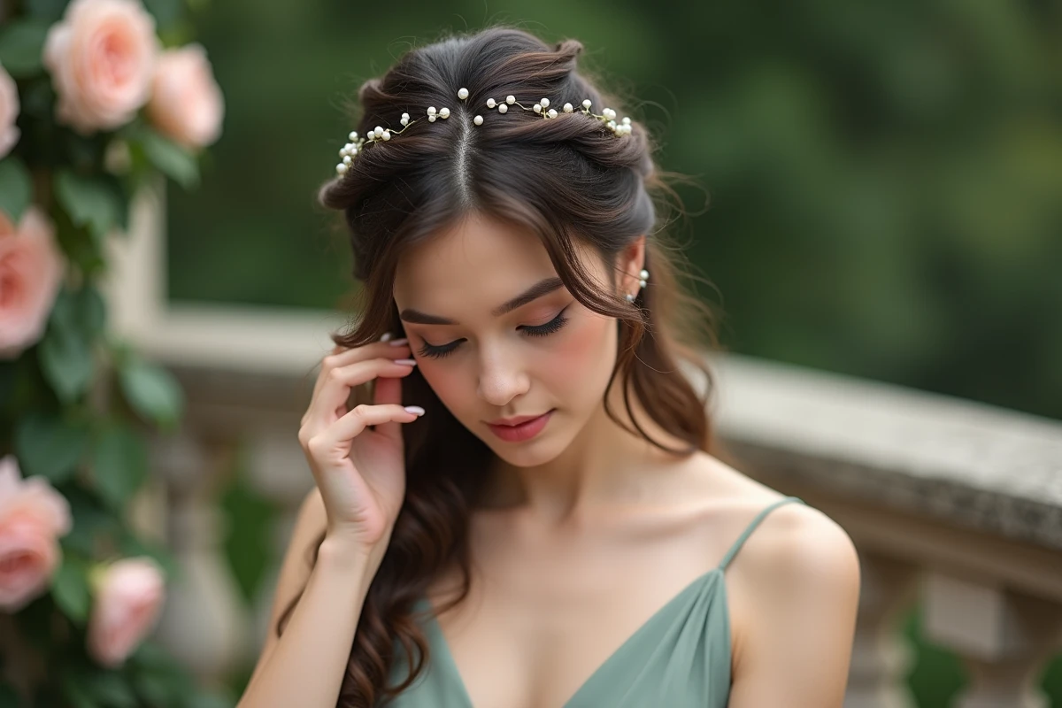 Portrait en gros plan d'une demoiselle d'honneur vérifiant ses épingles à cheveux nacrées dans un demi-chignon romantique avant la cérémonie