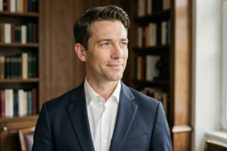 Portrait éditorial d'un homme en costume bleu marine dans un intérieur parisien raffiné, évoquant le milieu journalistique et médiatique français