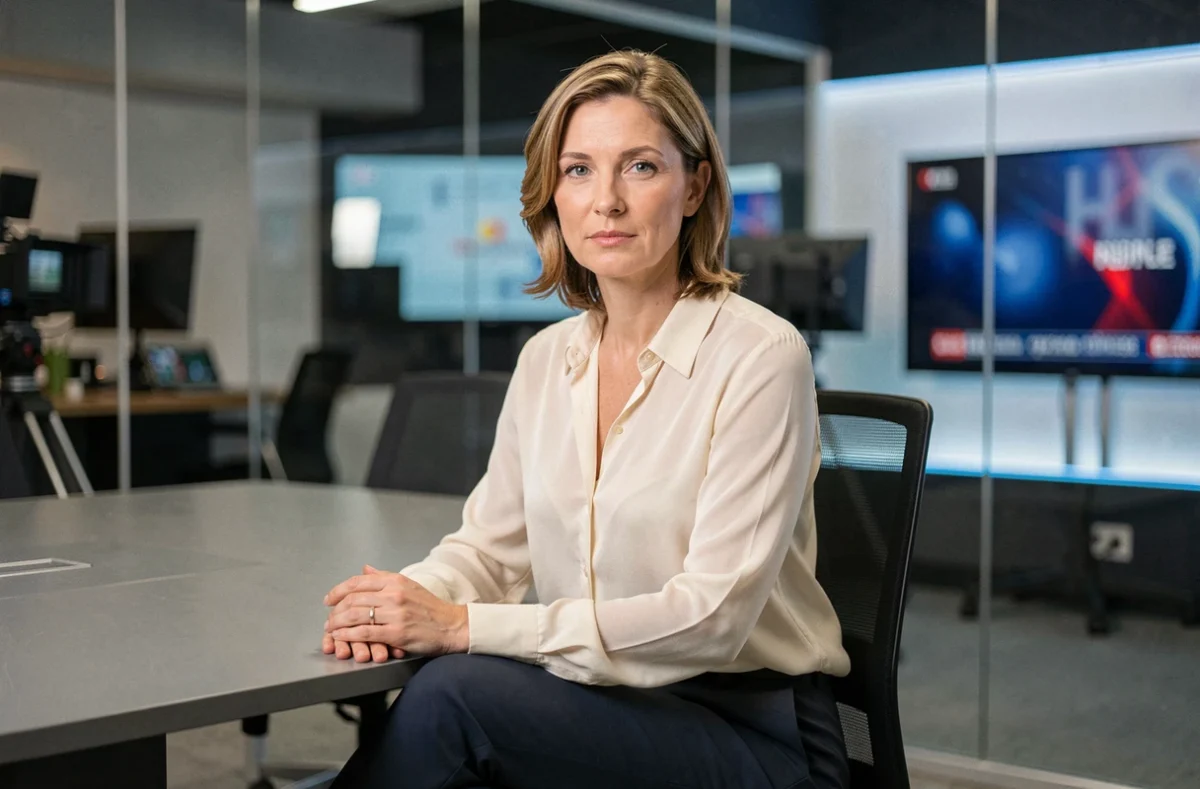Portrait professionnel d'une femme journaliste en studio médiatique moderne, style éditorial sobre et élégant pour illustrer un article sur la vie publique en France