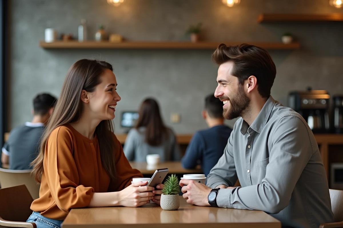 Couple lors d'un premier rendez-vous Bumble dans un café moderne, téléphones posés face visible symbolisant la confiance et la sécurité numérique