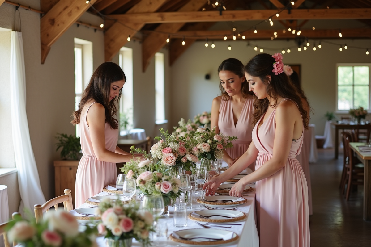 Groupe de témoins préparant la décoration dans une grange rustique