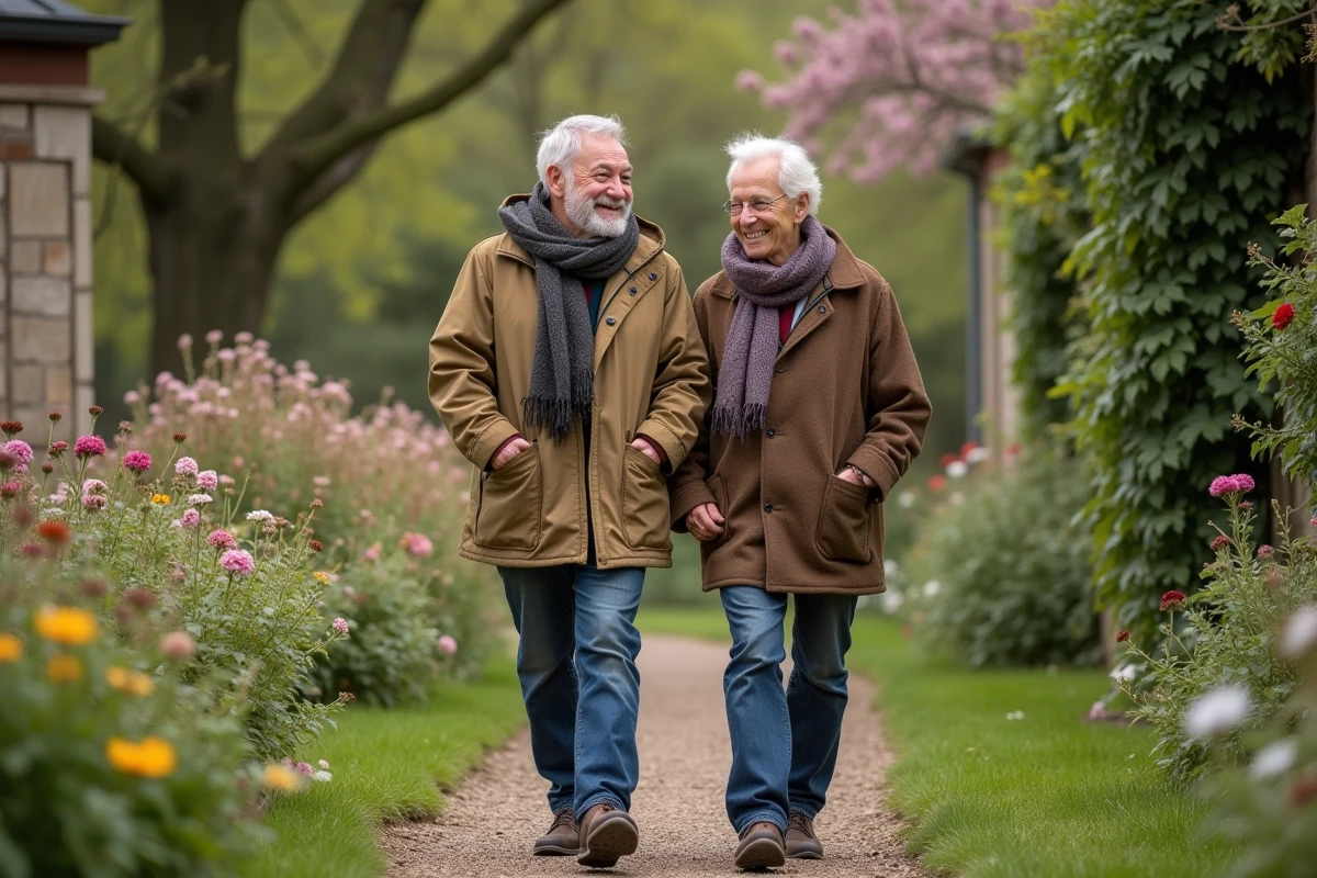 Stéphane Marie et son mari marchant dans un jardin fleuri