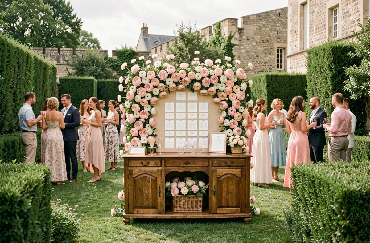 Cocktail de mariage en plein air à Lyon avec un mur de fleurs en pivoines rose pâle et des invités élégants sur une pelouse entourée de vieux murs en pierre