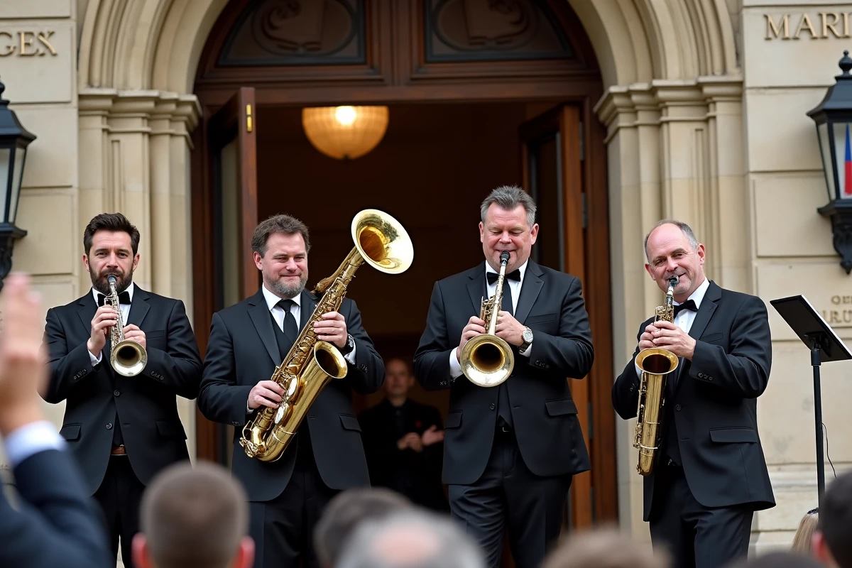 Quatuor de cuivres jouant sur les marches d'une mairie lors d'une sortie de mariage festive