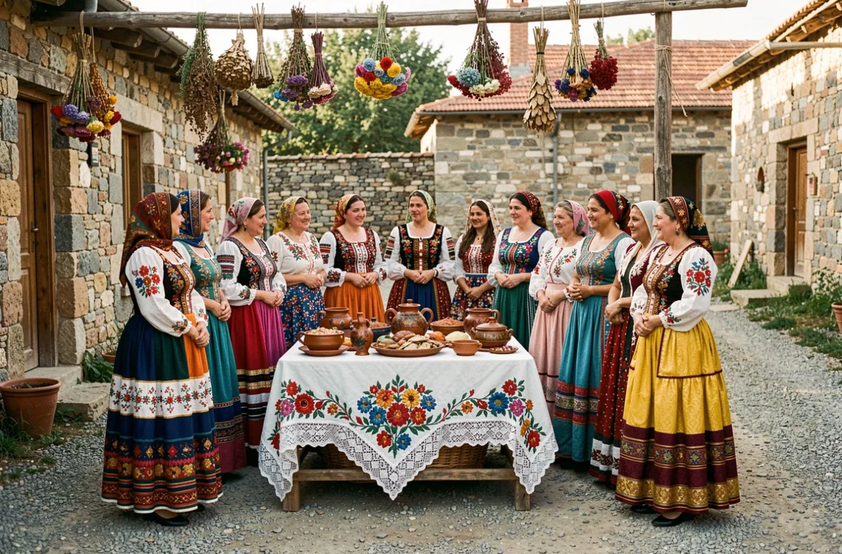Rassemblement de femmes gitanes en tenues traditionnelles colorées autour d'une table décorée lors d'une célébration de mariage rom dans une cour de village