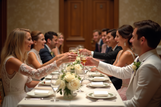 Groupe d'invites élégants lors d'une réception de mariage