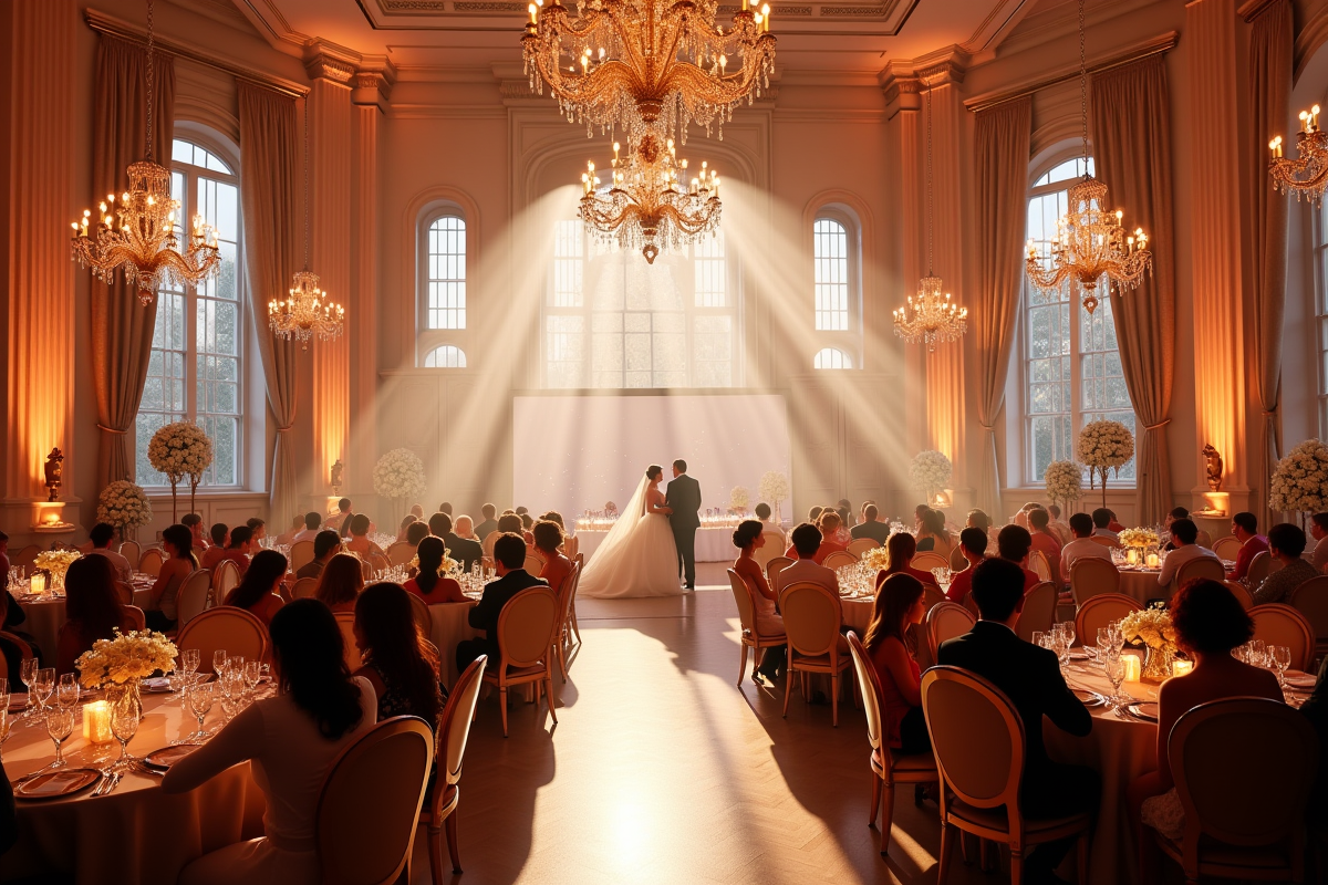 Salle de réception de mariage décorée élégamment avec invités