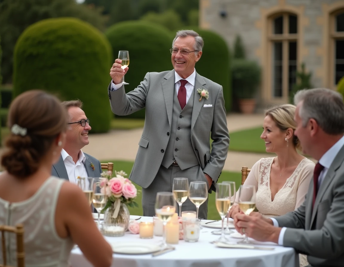 Réception de mariage en plein air dans un jardin français élégant, homme en costume gris portant un toast entouré d'invités festifs
