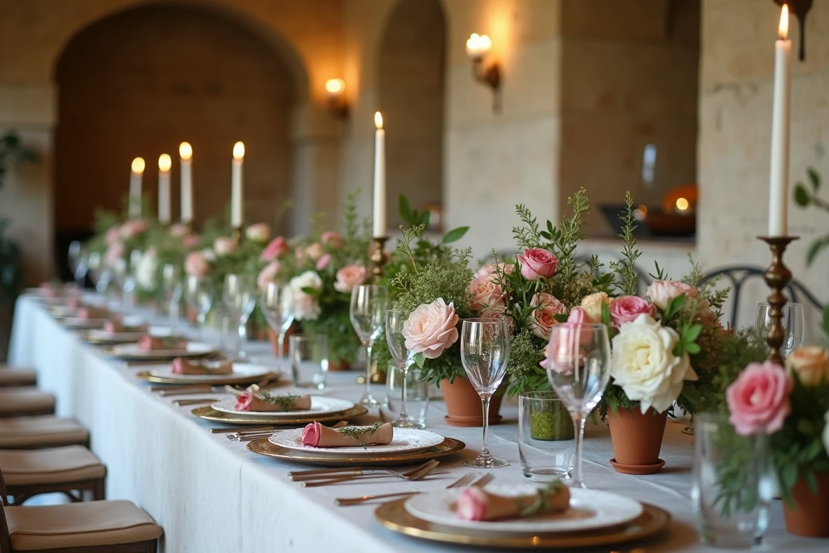 Table de réception de mariage élégante dans un mas provençal avec vaisselle en porcelaine dorée, roses et pivoines, murs en pierre apparente