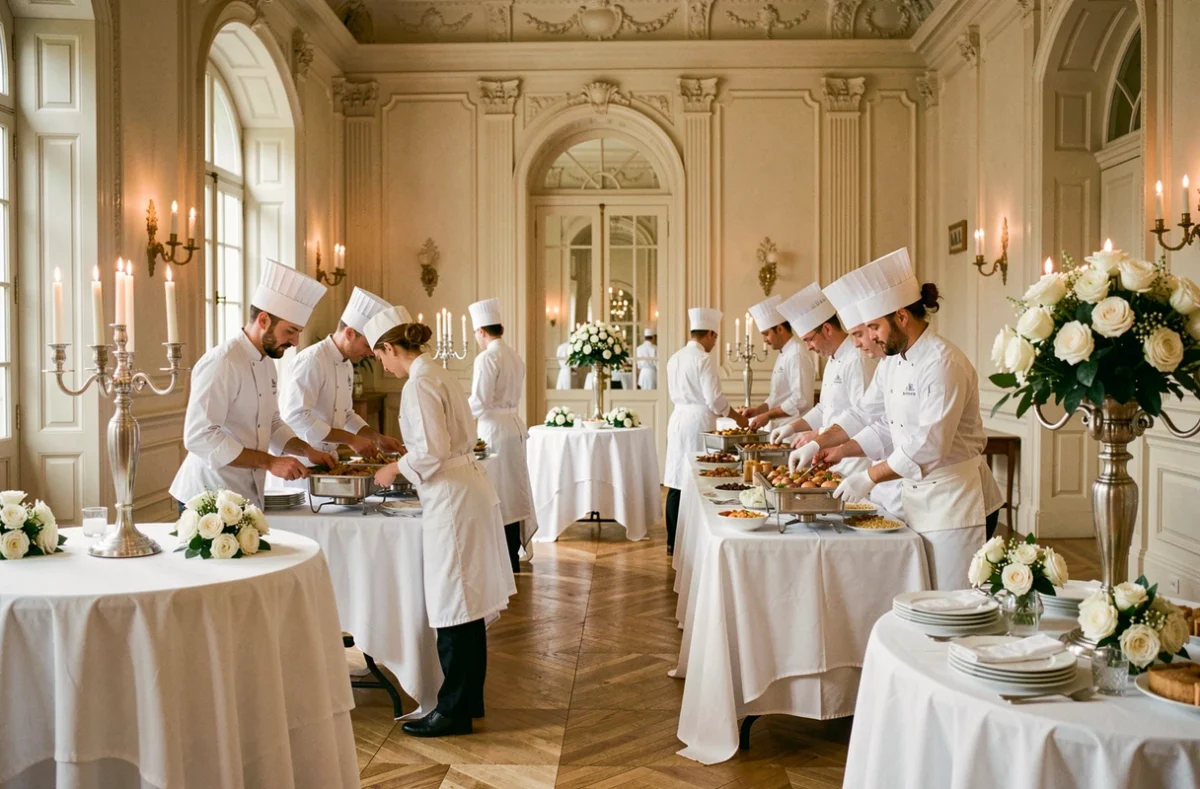Équipe de traiteur Les Réceptions Bertacchi dressant un buffet de mariage luxueux dans une salle de réception alsacienne ornée