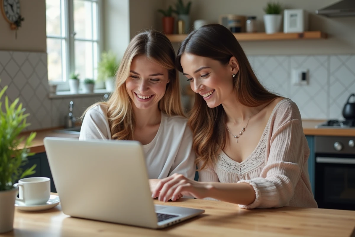 Deux amies recherchant une robe de mariée pas chère sur internet depuis chez elles, ambiance détendue et accessible