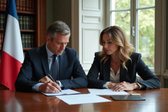 Homme américain et femme française en réunion officielle