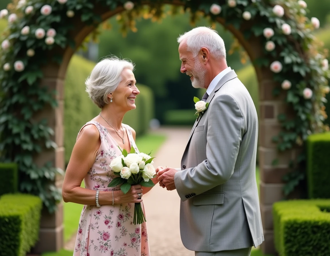 Couple d'une cinquantaine d'années renouvelant leurs vœux de mariage sous une arche de roses dans un jardin fleuri, échangeant leurs alliances avec émotion