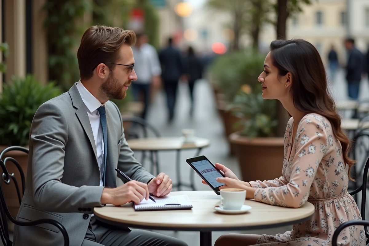 Réunion entre un wedding planner et une cliente dans un café pour discuter du budget mariage