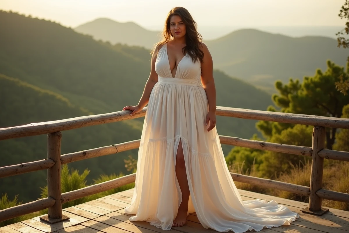 Mariée ronde en robe bohème chiffon à taille empire sur une terrasse en bois avec vue sur la campagne