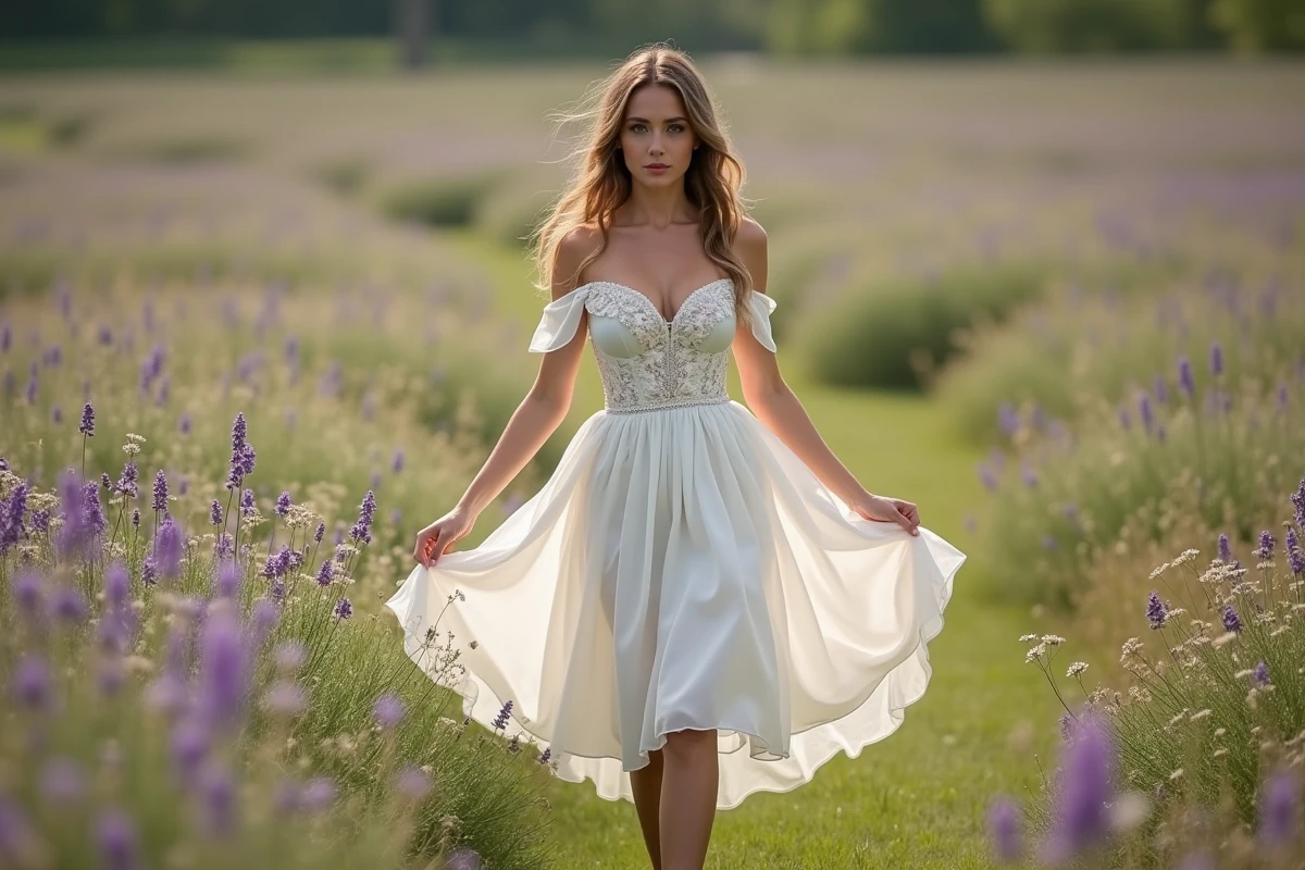 Petite mariée en robe bohème courte à épaules dénudées et taille smockée dans une prairie de fleurs sauvages